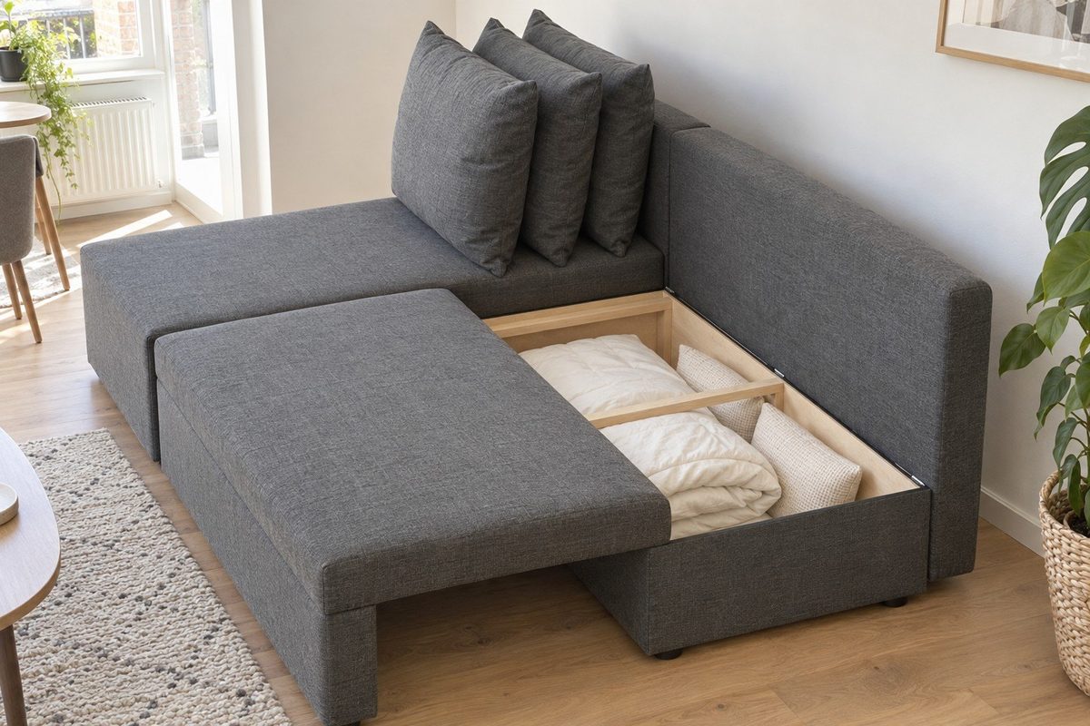 Le coffre de rangement ouvert sous l'assise deux places du canapé melo, avec une couette et des oreillers