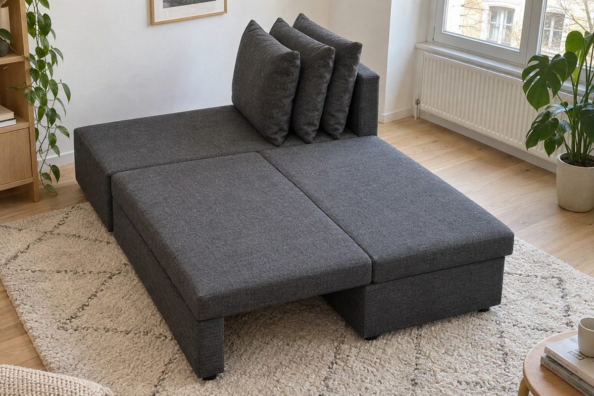 Le canapé melo déplié en lit pour deux, mise en situation