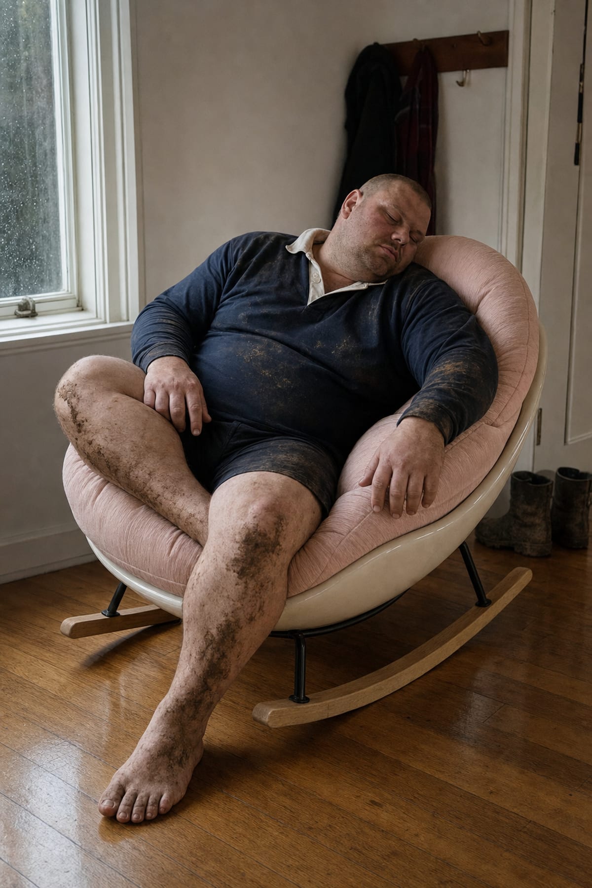 Un rugbyman boueux endormi dans un melo mini rose
