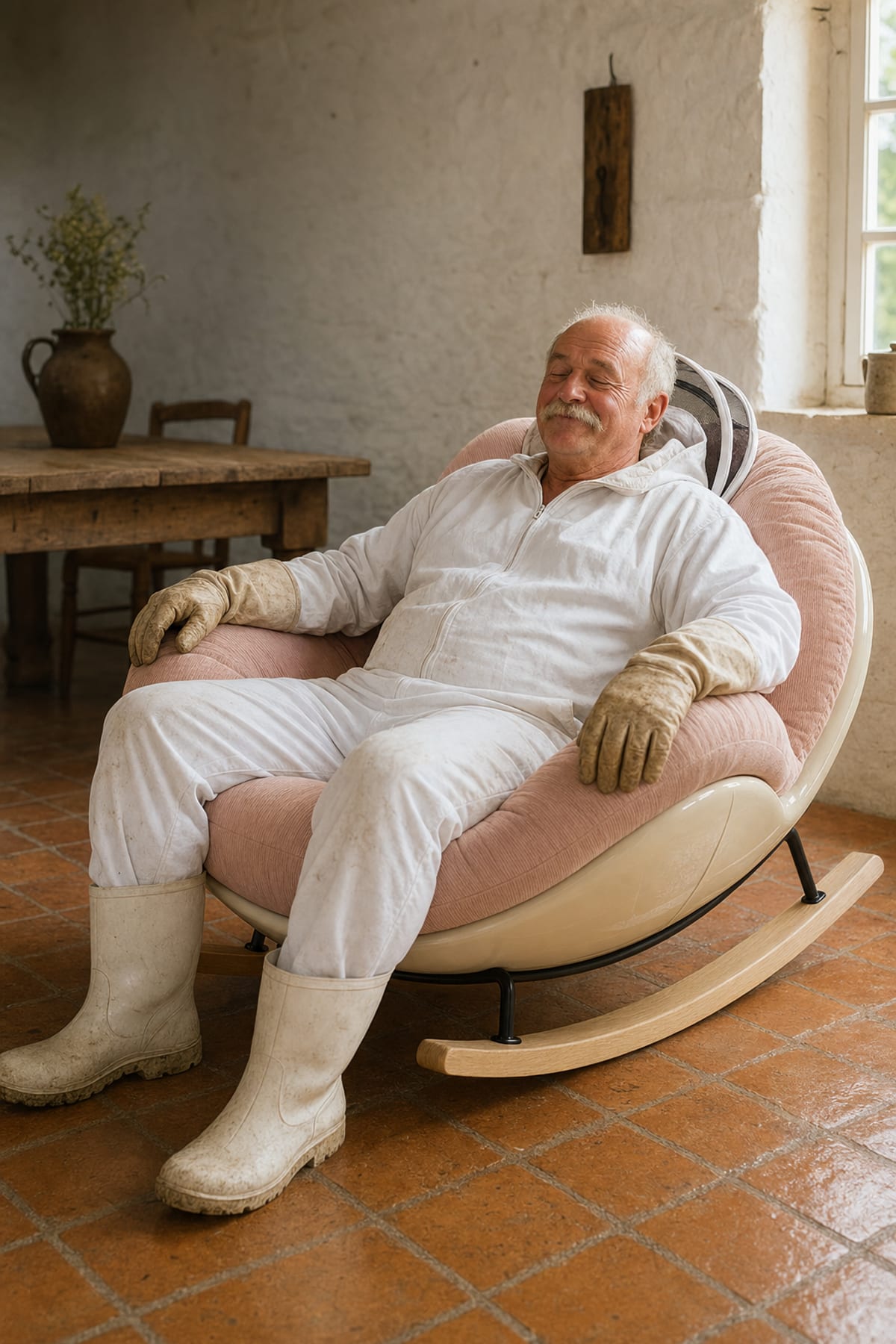 Un apiculteur en combinaison dans un melo mini rose